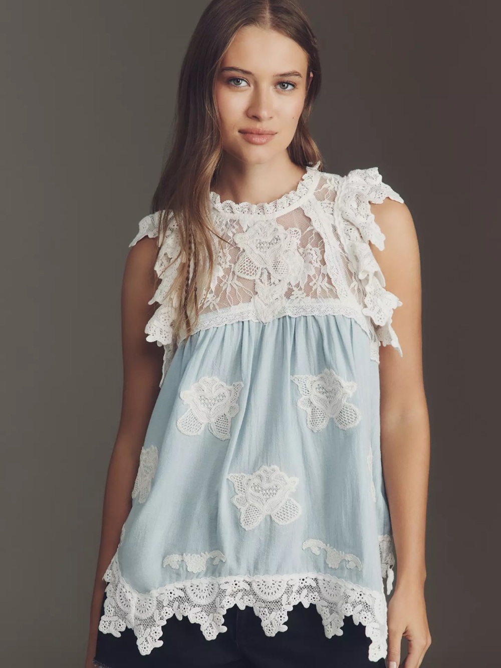 By Anthropologie Lace Appliqué Swing Top
